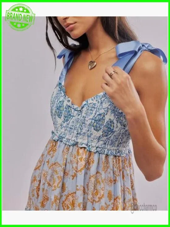 Floral Maxi Dress Sleeveless Tie Shoulder Bohemian Smocked with Pockets - Picture 3 of 3